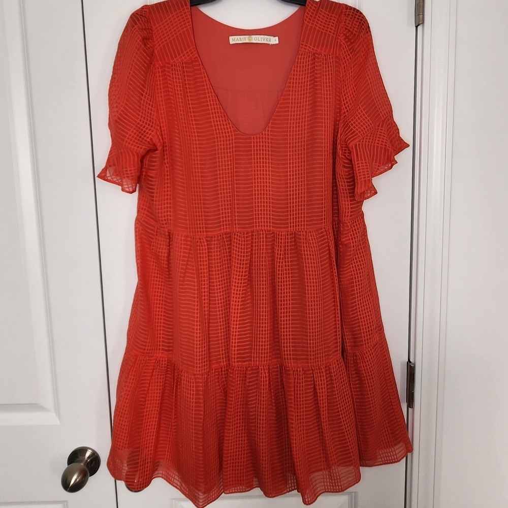 Marie Oliver Tiered Mini Dress V Neck Short Sleeve Casual Orange Size S